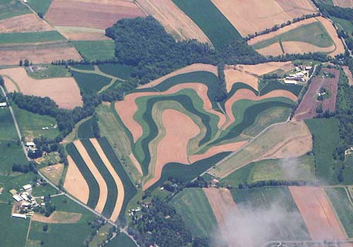 aerial photograph of farm fields.
